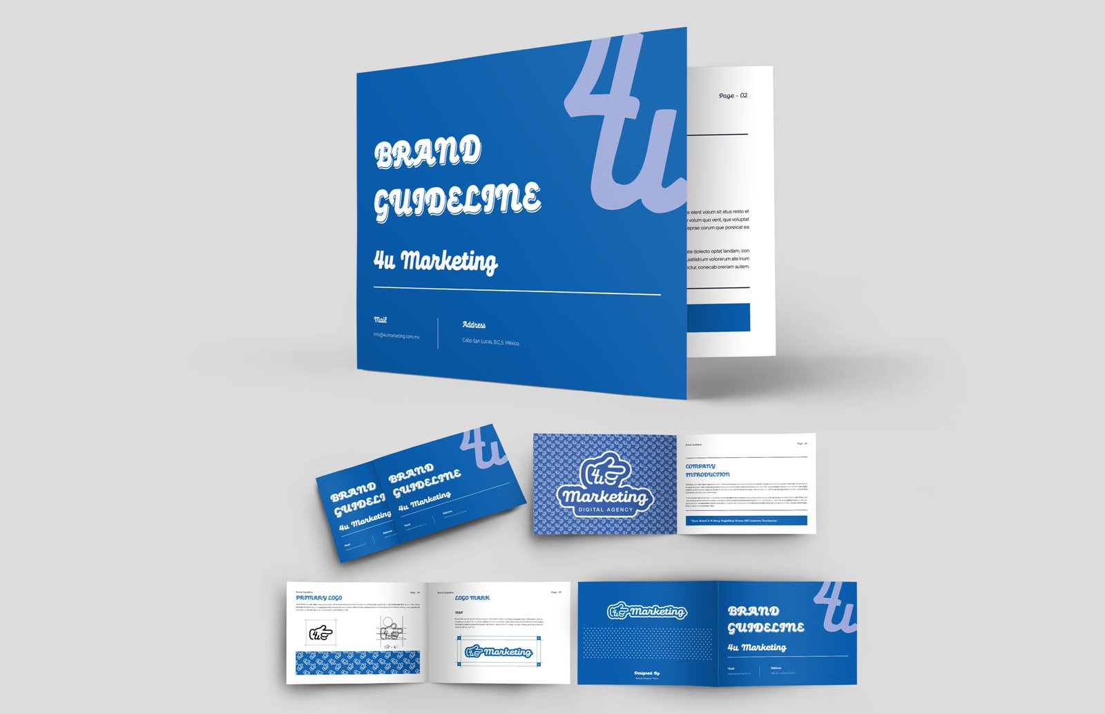Brand guidelines booklet for 4u Marketing displaying logo usage, color palette and typography examples.