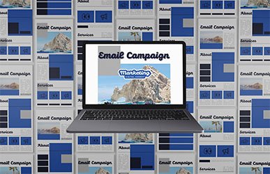 Laptop displaying an email campaign surrounded by multiple email template thumbnails for 4u Marketing.