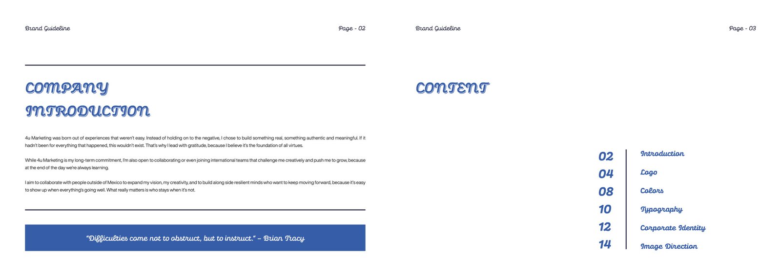 Spread showing the company introduction and table of contents from 4u Marketing’s brand guidelines.