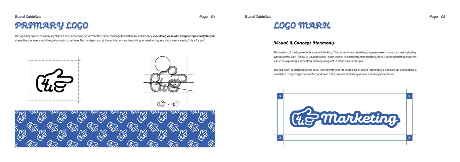 4u Marketing hand-pointer logo mark with overlay grid and clear space outline.