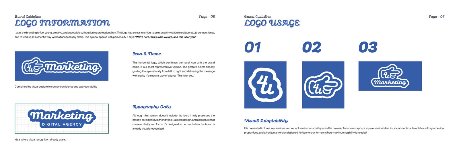 Three logo variations for 4u Marketing: compact icon, square mark, and full horizontal lockup on blueprint backgrounds.
