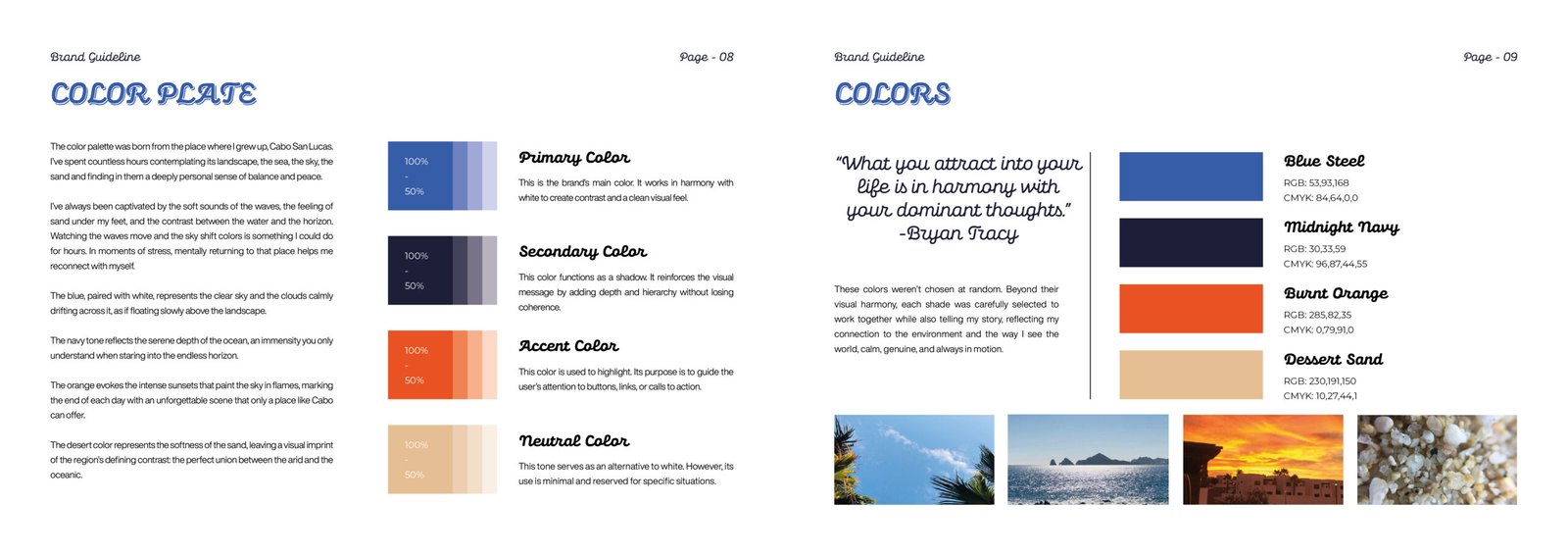 4u Marketing brand color palette showing primary blue, secondary navy, accent orange, and neutral sand swatches with sample photography.