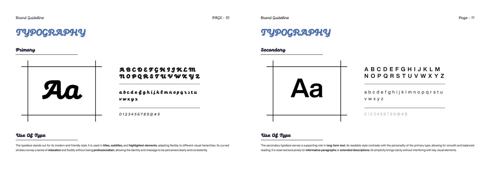 Primary and secondary typeface samples for 4u Marketing’s brand guidelines, showing uppercase, lowercase, numerals, and usage notes.