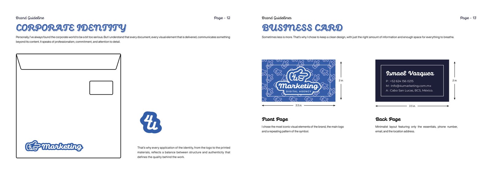 Envelope mockup with 4u Marketing logo and repeating pattern, plus front and back views of a minimalist business card design.