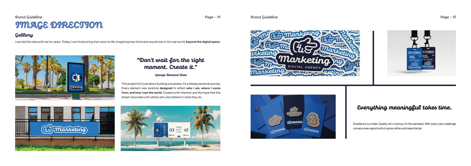 Collage of brand imagery showing 4u Marketing logo applied to outdoor billboards, signage, ID badges, and print materials against real-world backdrops.